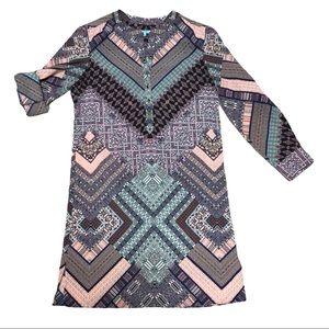 Antonio Melanie Shift Dress Sz 8 Multi Color Long Sleeve Rolled Sleeve